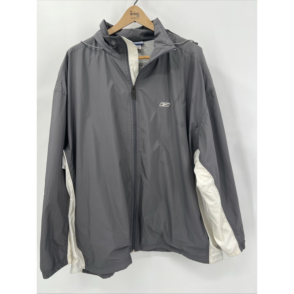 Reebok Mens XXL Gray White Colorblock Full Zip Windbreaker Jacket Stowaway Hood